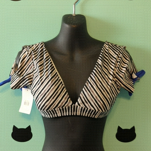 SAHA Stripped Bikini Top Deep V Cap Sleeves Blue Bows Small New